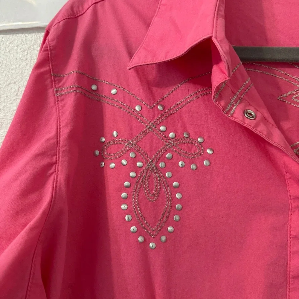 Wrangler Western Shirt Womens L Hot Pink Snap Festival Embroidered Studded‎